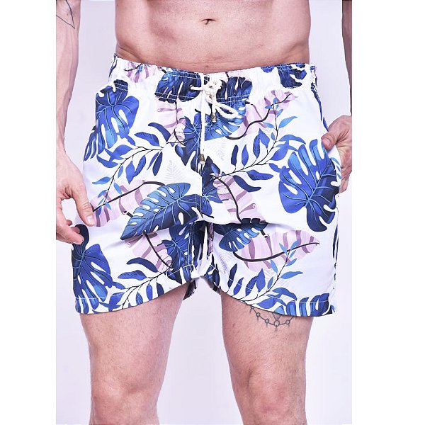 Short Praia Sergi Romero - Floral Azul e Branco