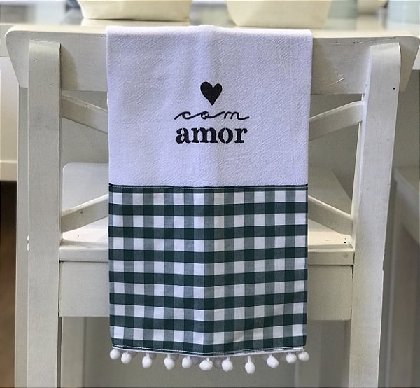 Pano de prato branco com barra e pompons