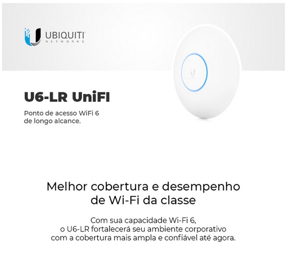 Access Point Indoor Ubiquiti U6-LR Unifi AP AC 4X4 WIFI 6 2.4/5.0GHZ 3GBPS LONGO ALCANCE