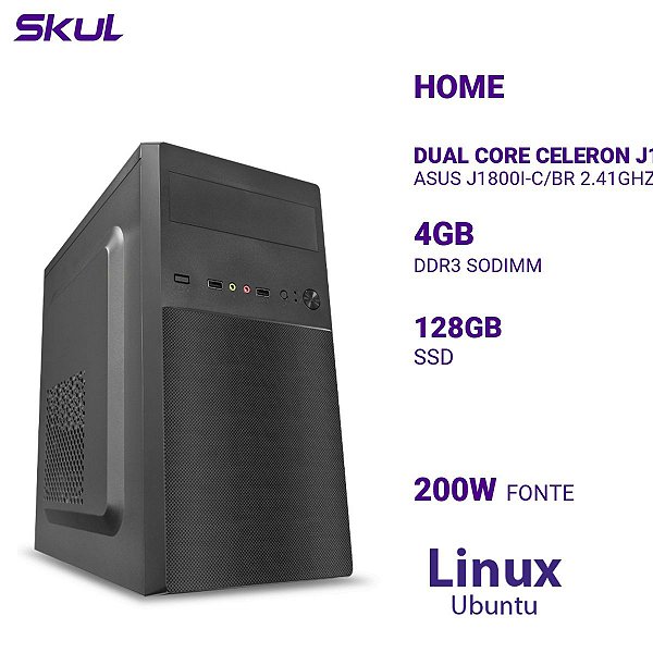 Computador H100 Dual Core Celeron J1800 2.41ghz Asus J1800i-c/br 2.41ghz Memória 4gb Ddr3 Ssd 128gb Fonte 200w Linux Ub