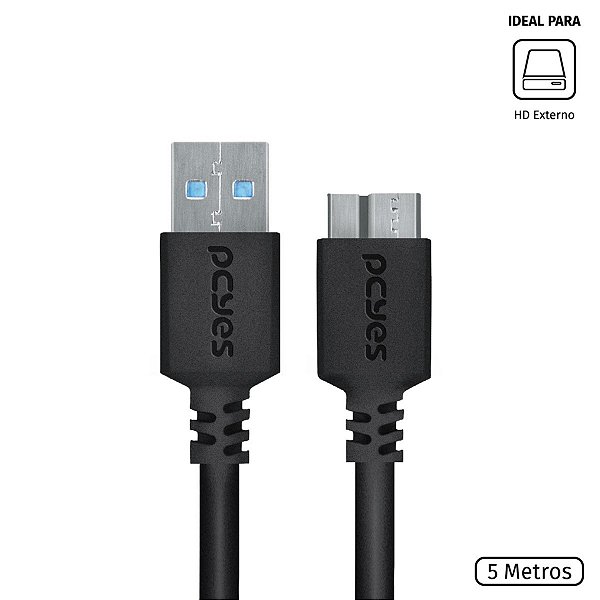 Cabo Para Hd Externo Usb A 3.0 Macho Para Micro Usb B 3.0 (10 Pinos) Macho 28awg Puro Cobre 5 Metros - Puamcm3-5