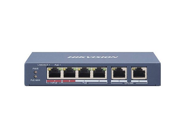 Switch Hikvision Ds-3e0106hp-e Metalico 6 Portas (1×10/100 Mbps Hi-poe Port, 3×10/100 Mbps Poe Ports