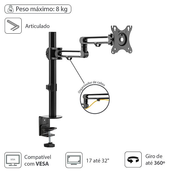 Suporte Para Monitor De 17" A 32" Articulado Rotação 360° E Organizador De Cabo - Sm400a [F018]