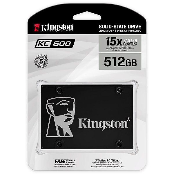 SSD Kingston KC600, 512GB, SATA, Leitura 550MB/s, Gravação 500MB/s - KC600/512G