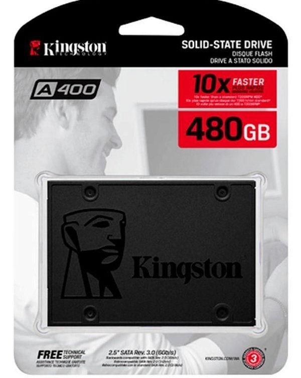 SSD Kingston A400, 480GB, SATA, Leitura 500MB/s, Gravação 500MB/s - SA400S37/480G