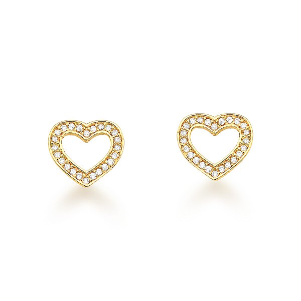 BRINCO CORAÇÃO VAZADO  PEDRA DE ZIRCÔNIA OURO 18K.