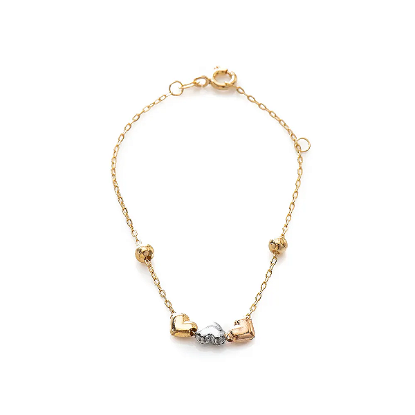 PULSEIRA INFANTIL BOLINHAS COM CORAÇÕES TRICOLOR COM 13CM DE COMPRIMENTO OURO 18K.