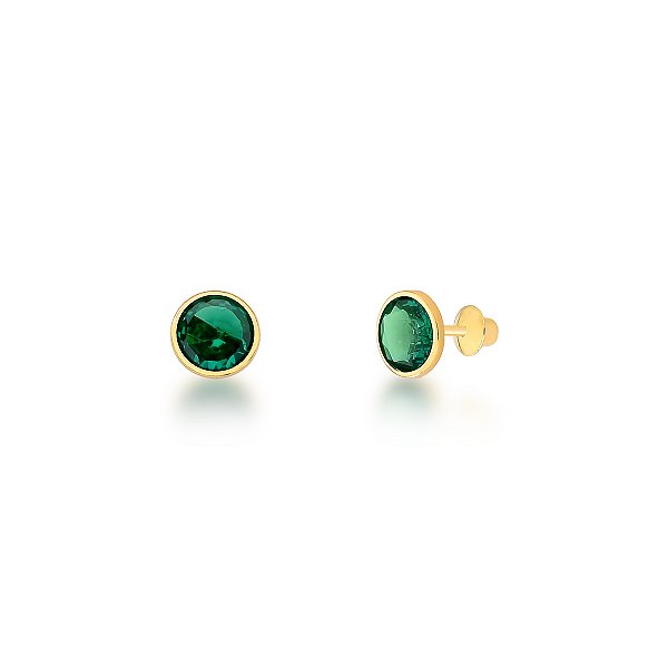 BRINCO INFANTIL ENCASTOADO DE ZIRCÔNIA REDONDA DE 3MM VERDE  OURO 18K.