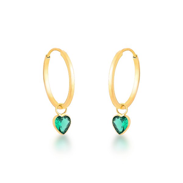 BRINCO INFANTIL ARGOLINHA COM PINGENTE CORAÇÃO DE ZIRCÔNIA  VERDE OURO 18K.