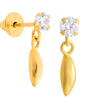 BRINCO INFANTIL GRÃO DE ARROZ COM PEDRA DE ZIRCÔNIA  DE 3MM OURO 18K.