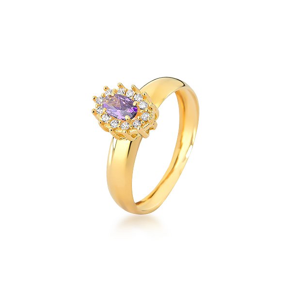 ANEL CHUVEIRO PEDRA OVAL LÍLAS  E BRANCA DE ZIRCÔNIA  OURO 18K. NUMERAÇÃO DISPONÍVEL ATÉ 24.