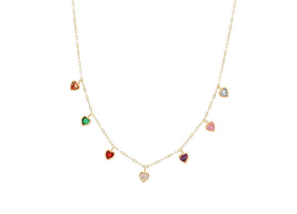 GARGANTILHA CORAÇÕES ZIRCÔNIA COLORIDOS 45CM DE COMPRIMENTO OURO 18K.