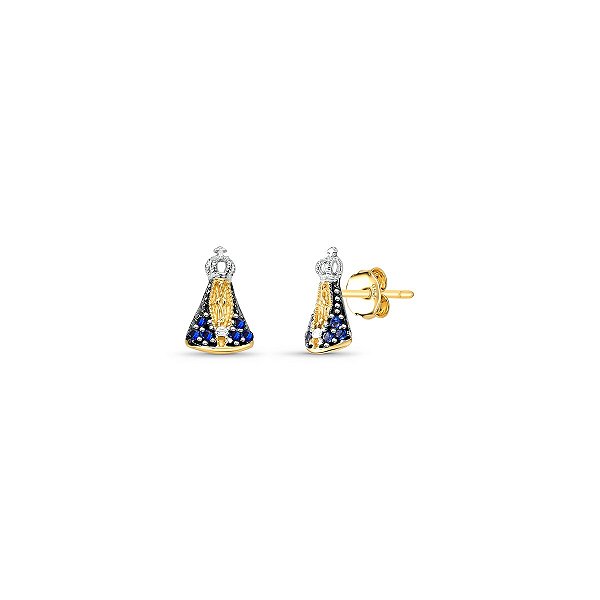 Brinco N. Sª Aparecida Manto Azul 1cm Ouro 18K.
