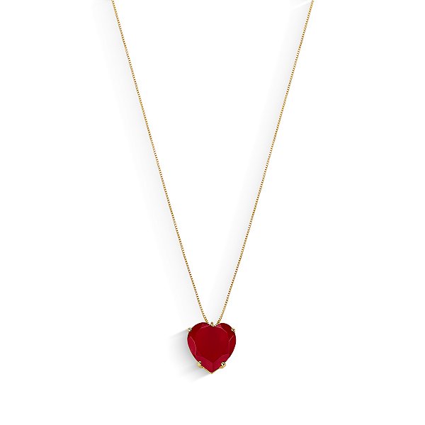 GARGANTILHA CORAÇÃO JADE VERMEMELHO GEMA NATURAL 45CM DE COMPRIMENTO OURO 18K.
