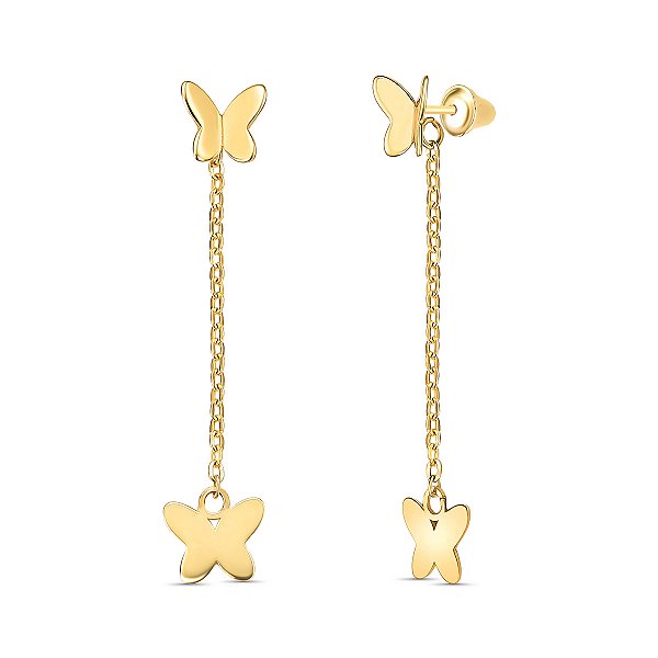 BRINCO BORBOLETA COM CORRENTE PENDURADA OURO 18K.