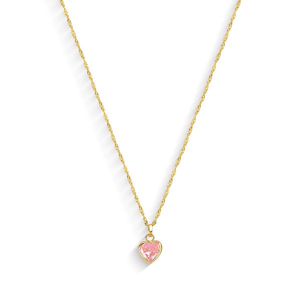 GARGANTILHA CORAÇÃO DE ZIRCÔNIA ROSA COM 45CM DE COMPRIMENTO OURO 18K.