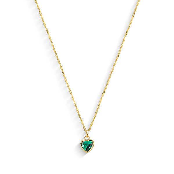GARGANTILHA CORAÇÃO DE ZIRCÔNIA VERDE 45CM DE COMPRIMENTO OURO 18K.