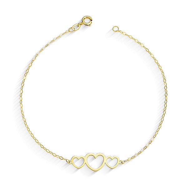 PULSEIRA BALÃOZINHO TRÊS CORAÇÕES VAZADOS COM 18CM OURO 18K.