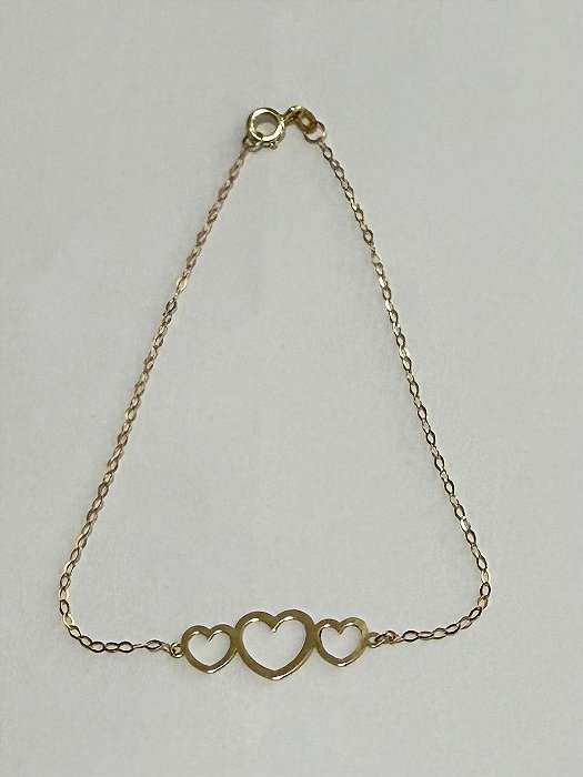 PULSEIRA BALÃOZINHO TRÊS CORAÇÕES VAZADOS COM 18CM OURO 18K.