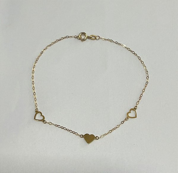 PULSEIRA BALÃOZINHO TRÊS CORAÇÕES LISO E VAZADOS COM 18CM OURO 18K.