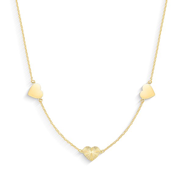 GARGANTILHA TRÊS CORAÇÕES UM RAIDO DOIS LISOS COM 45CM OURO 18K