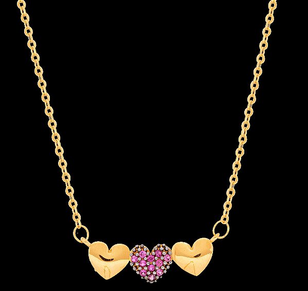 GARGANTILHA TRÊS CORAÇÕES CENTRO PEDRAS ZIRCÔNIA 45CM OURO 18K.