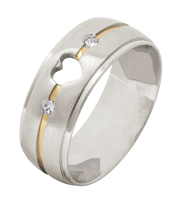 ALIANÇA AÇO CORAÇÃO VAZADO PEDRA ZIRCÔNEA FIO DOURADO (CADA) NUMERAÇÕA DISPONIVEÍS ATÉ 28