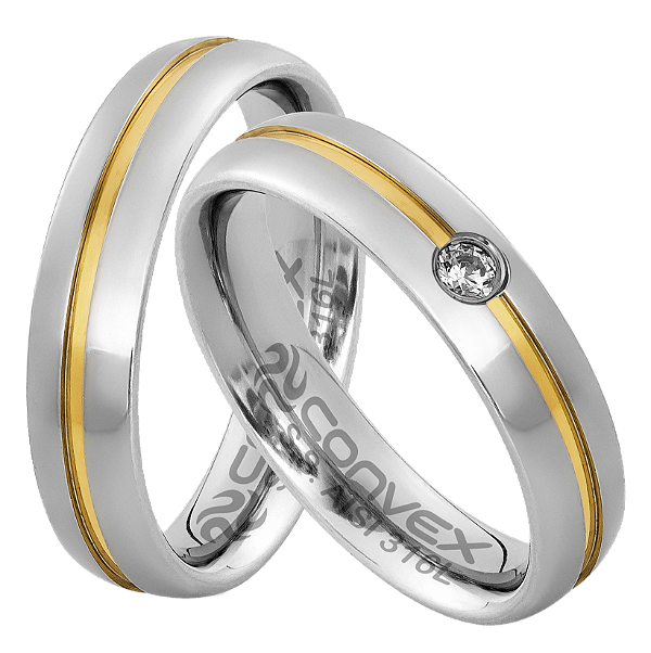 ALIANÇA AÇO CONVEX REDONO 5MM FIO DOURADO PEDRA ZIRCÔNEA (CADA) OBS NUMERAÇÃO DISPONIVEÍS ATÉ 28.