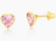 Brinco Infantil Coração Encastoado Rosa Ouro 18K.