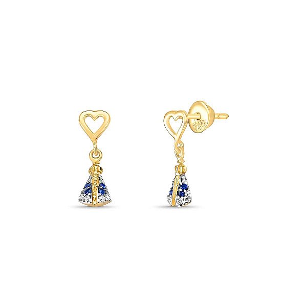 BRINCO N. SRª APARECIDA ZIRCÔNIA CORAÇÃO VAZADO OURO 18K.