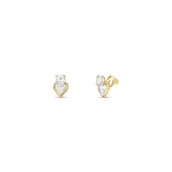 BRINCO INFANTIL CORAÇÃO ZIRCÔNIA PEDRA 3MM REDONDA NA BASE OURO 18K.