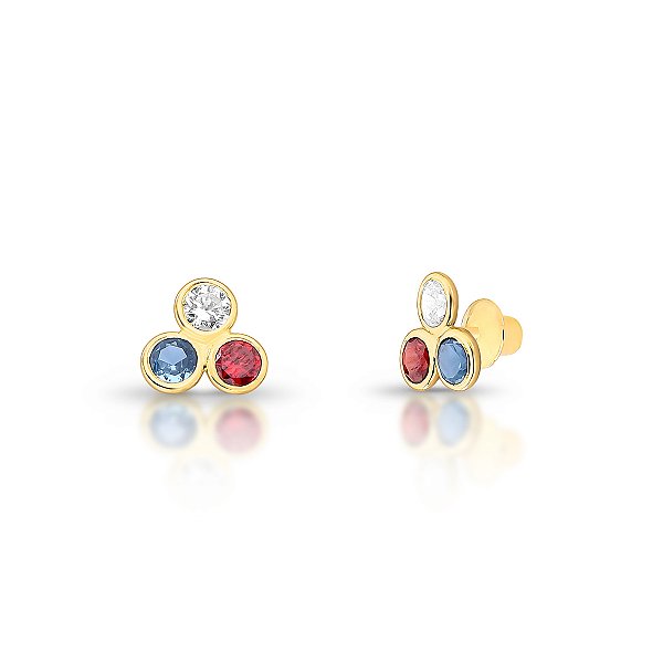 BRINCO INFANTIL TREVO COM PEDRAS DE ZIRCÔNIA COLORIDAS OURO 18K.