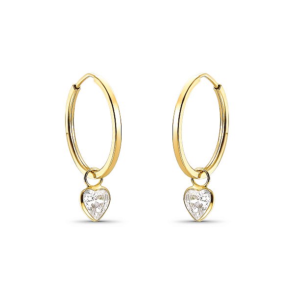 BRINCO INFANTIL ARGOLINHA COM PINGENTE CORAÇÃO DE ZIRCÔNIA BRANCA OURO 18K.