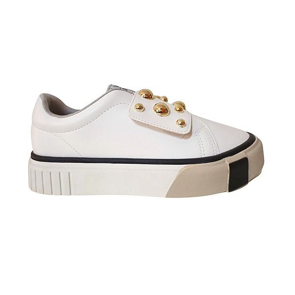 Tênis Feminino Casual Via Uno Pedraria Velcro Branco Confort