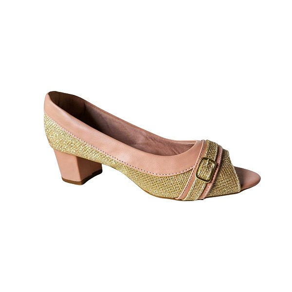 Sandália Sapato Peep Toe Feminino Salto Bloco Napa Nude