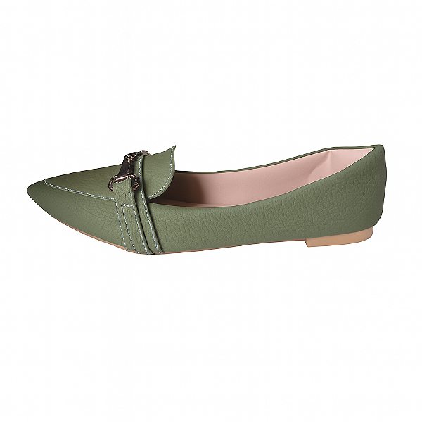 Sapatilha Mocassim Napa Verde Bico Fino Fivela Moda