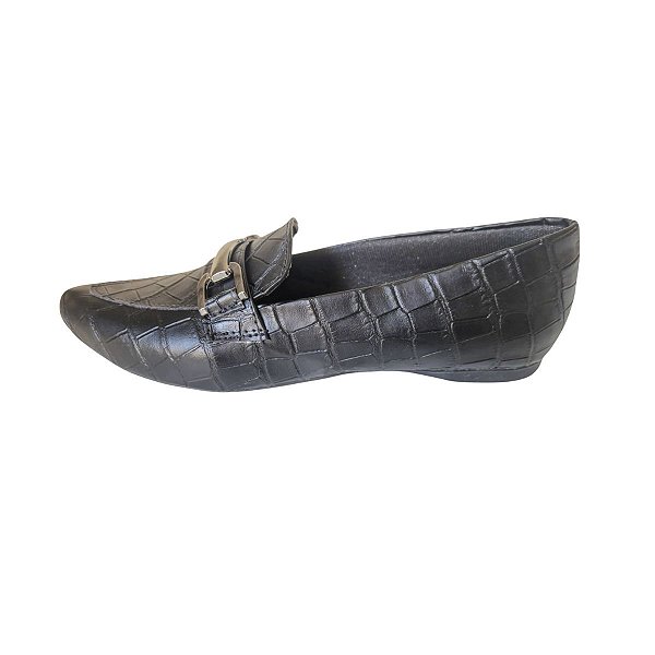 Mocassim Sapatilha Bico Fino Napa Croco Fivela Preto