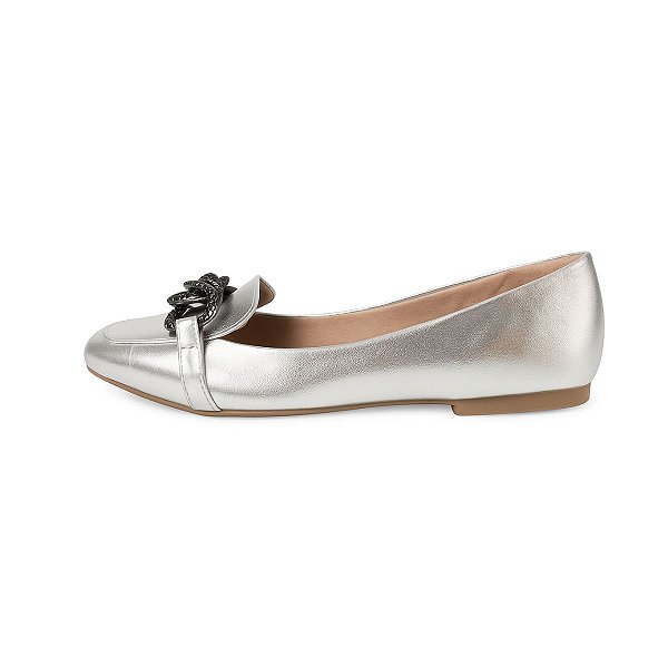 Mocassim Sapatilha Bico Quadrado Prata Fivela Feminino