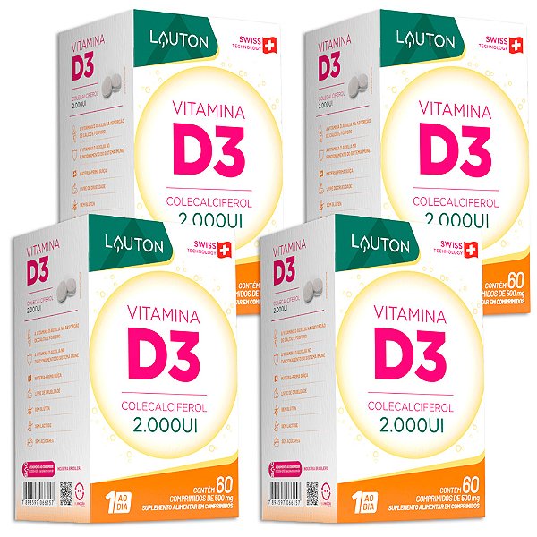 Vitamina D3 2000UI 60 Comprimidos Lauton - 4 Unidades (FRETE GRÁTIS)