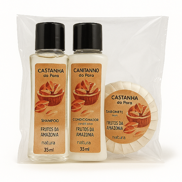 25 Kits Amenidades Hoteleiras Castanha do Pará | Shampoo, Condicionador e Sabonete