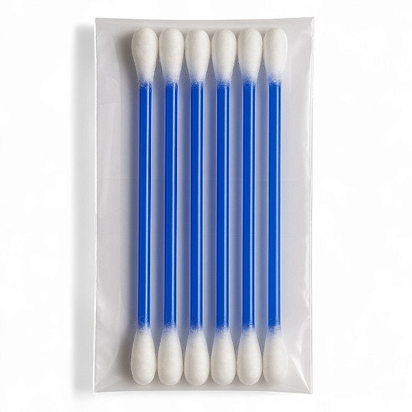 50 Kits com 6 Cotonetes – 7,5cm | Haste Azul | Embalados Individualmente