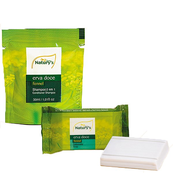Kit 200 Shampoo 2em1 Erva Doce 30ml + 500un Sabonete 13g