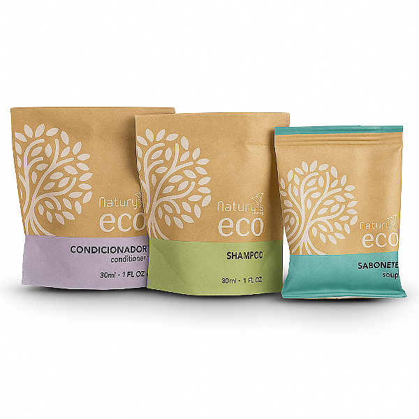 200 Kits Amenities Sustentável Natury’s Eco – Shampoo + Condicionador + Sabonete 30g