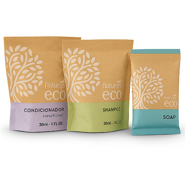 100 Kits Amenities Sustentável Natury’s Eco – Shampoo, Condicionador e Sabonete 15g