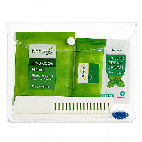 Kit Higiene Viagem, Hospitalar e Hotel – Shampoo, Sabonete 13g, Creme Dental 3g, Escova e Pente Naturys
