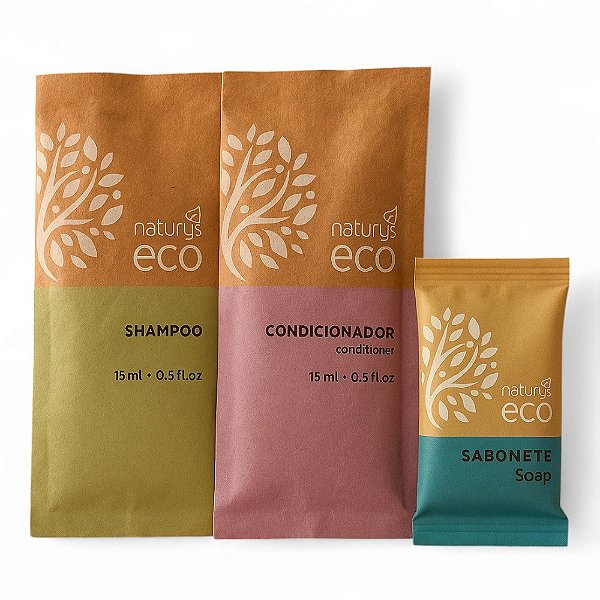 Kit 50 Sabonetes 15 Gramas + Shampoo e Condicionador Sachê 15ml Ecologico Sustentavel