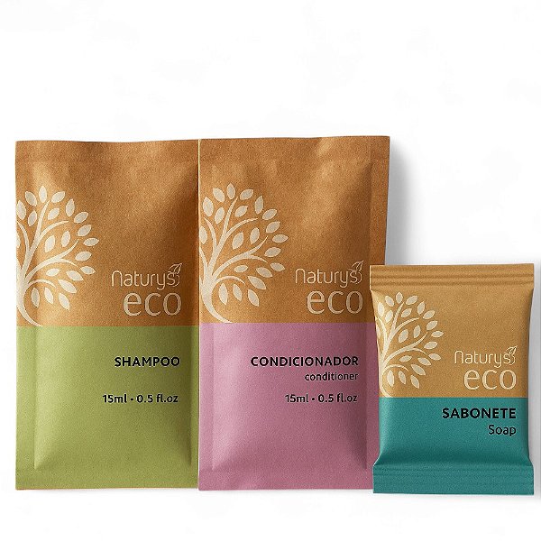 100 Kits Amenities Naturys Sustentavel – Shampoo 15ml + Condicionador 15ml + Sabonete 20g