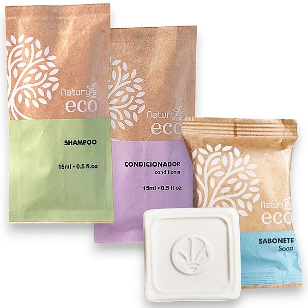 Kit 50 Sabonetes 30 Gramas + Shampoo e Condicionador Sachê 15ml Ecologico Sustentavel