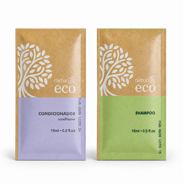 100 Kits Shampoo e Condicionador Eco Sustentável Sachê 15ml | Biodegradável, Vegano e Reciclável