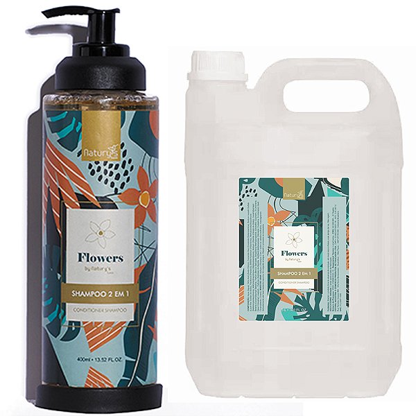 Kit Shampoo 2 em 1 Flowers by Natury's Luxo Frasco 400ml Dispenser (Vávula Pump) + Galão de Reposição 5 Litros + Suporte